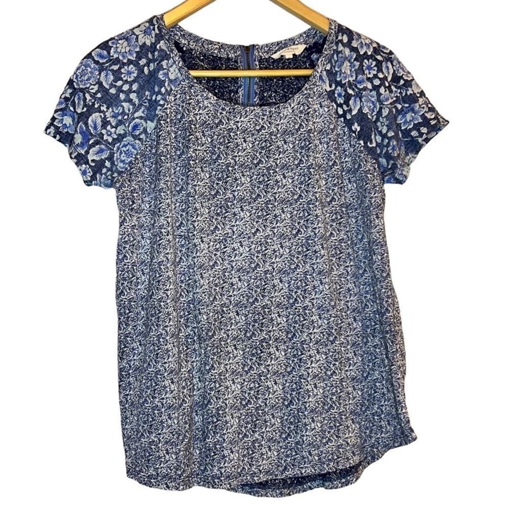 SMALL Paisley Blouse ~ Lucky Brand ~ Blue & Gray ~ Zipper Back ~ EUC